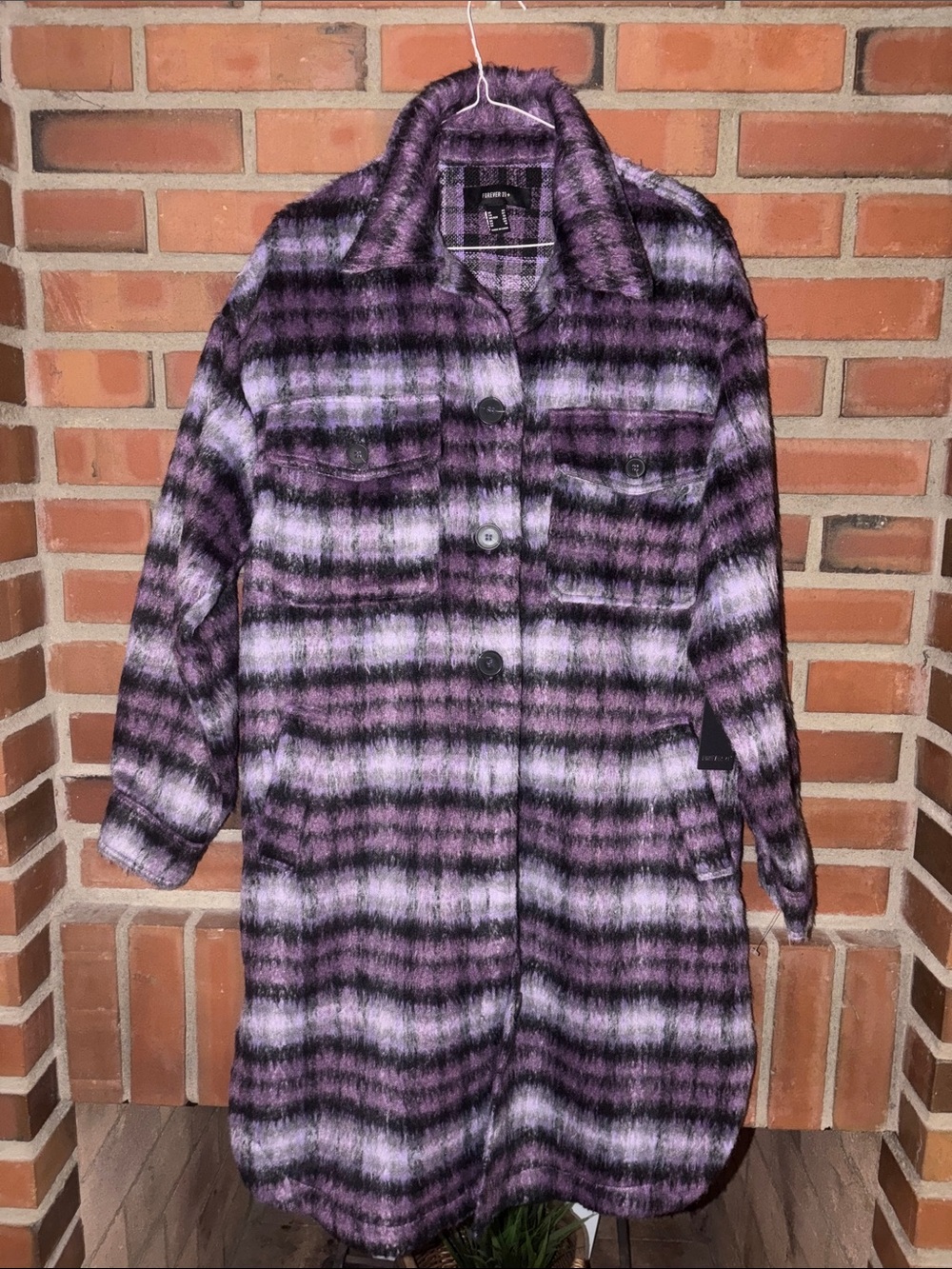 Purple plaid full length trench 0X new with tags button front collared forever21